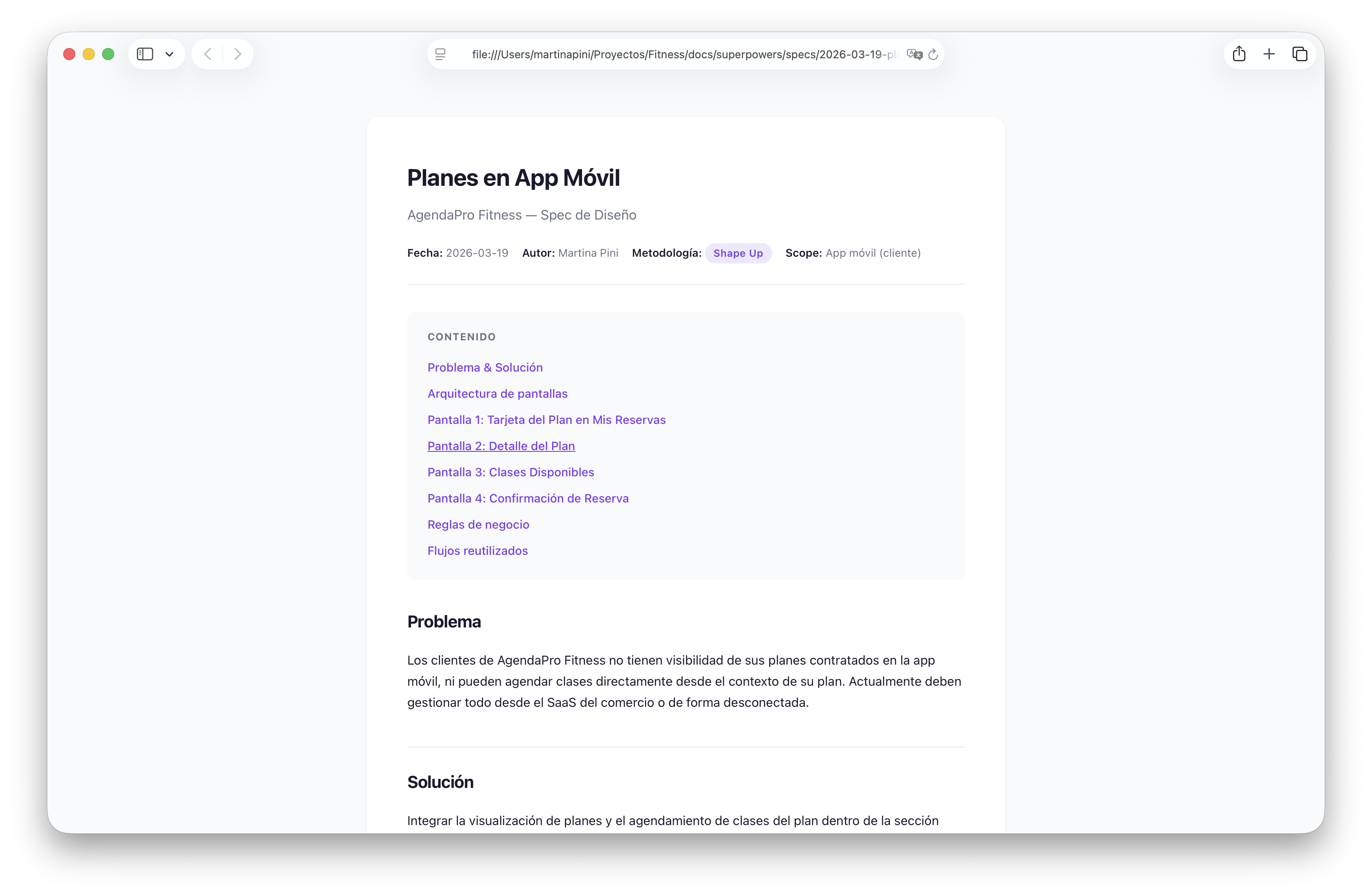Shape Up spec document for Plans in Mobile App feature